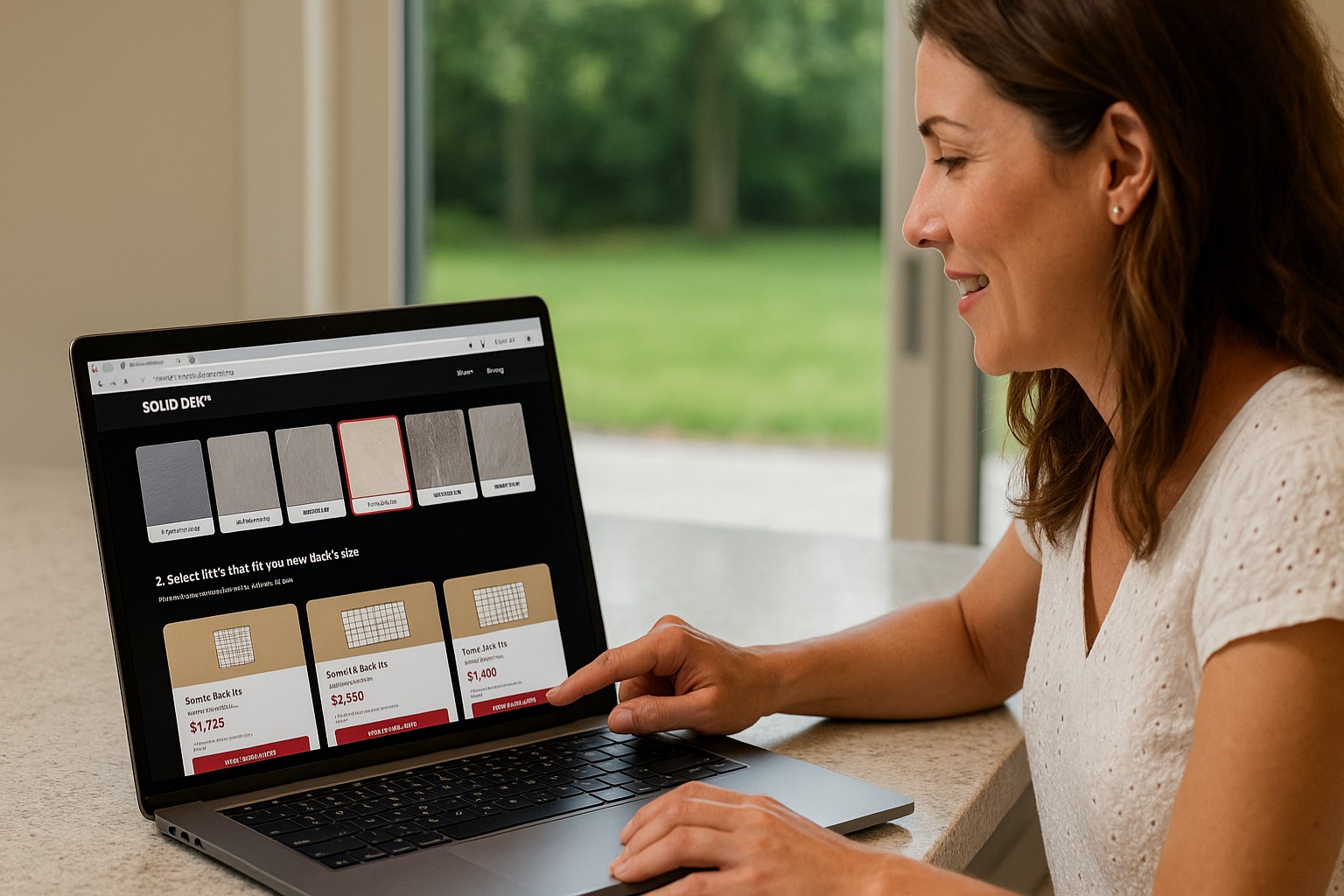 Customer selecting Solid Deck tile and kit on laptop in kitchen