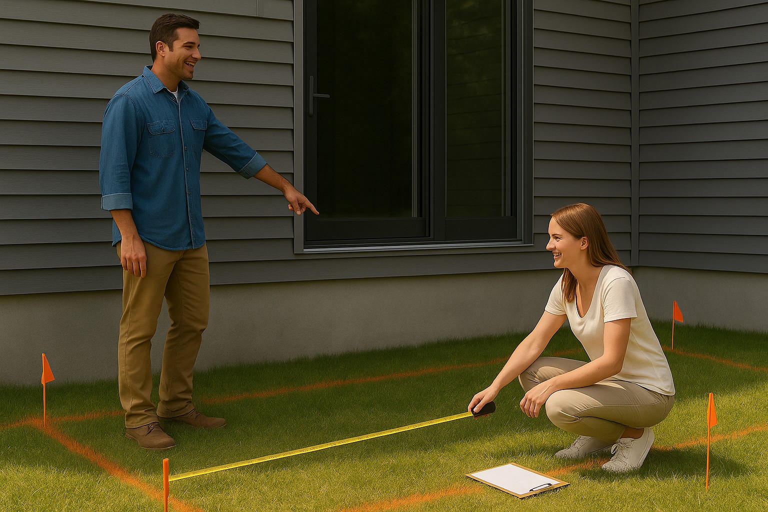 Homeowner and contractor measuring deck layout in yard